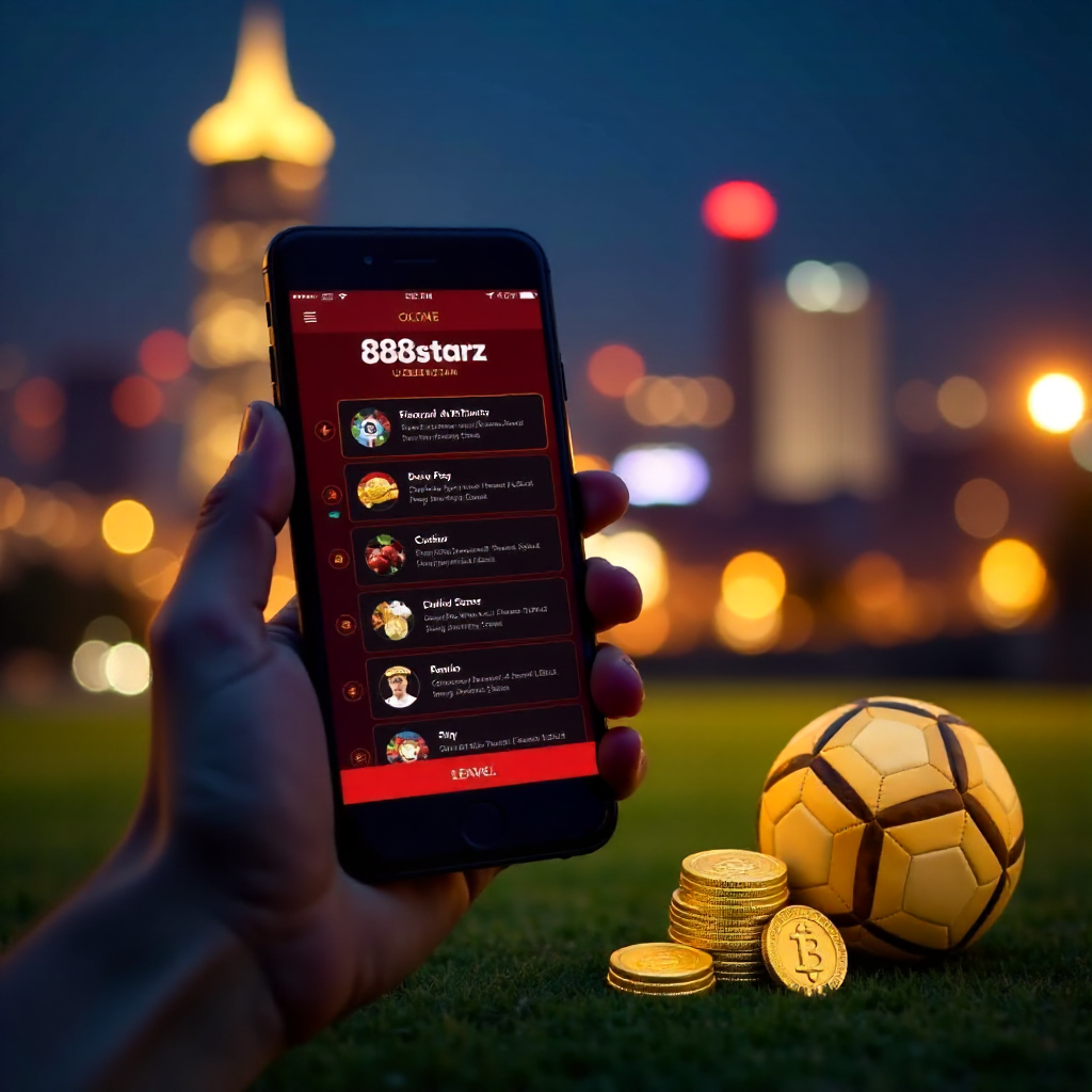 A hand holding a luxury smartphone displaying the official 888starz Uzbekistan app with a sleek red and black interface, background is the Tashkent City skyline and Hilton tower at night with vibrant golden bokeh lights, 3D golden coins and a soccer ball 